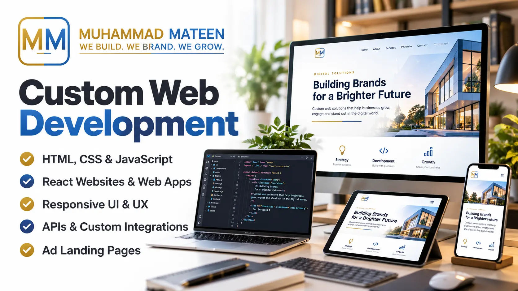 Muhammad Mateen - Custom Web Development. HTML, CSS & JavaScript; React Websites & Web Apps; Responsive UI & UX; APIs & Custom Integrations; Ad Landing Pages