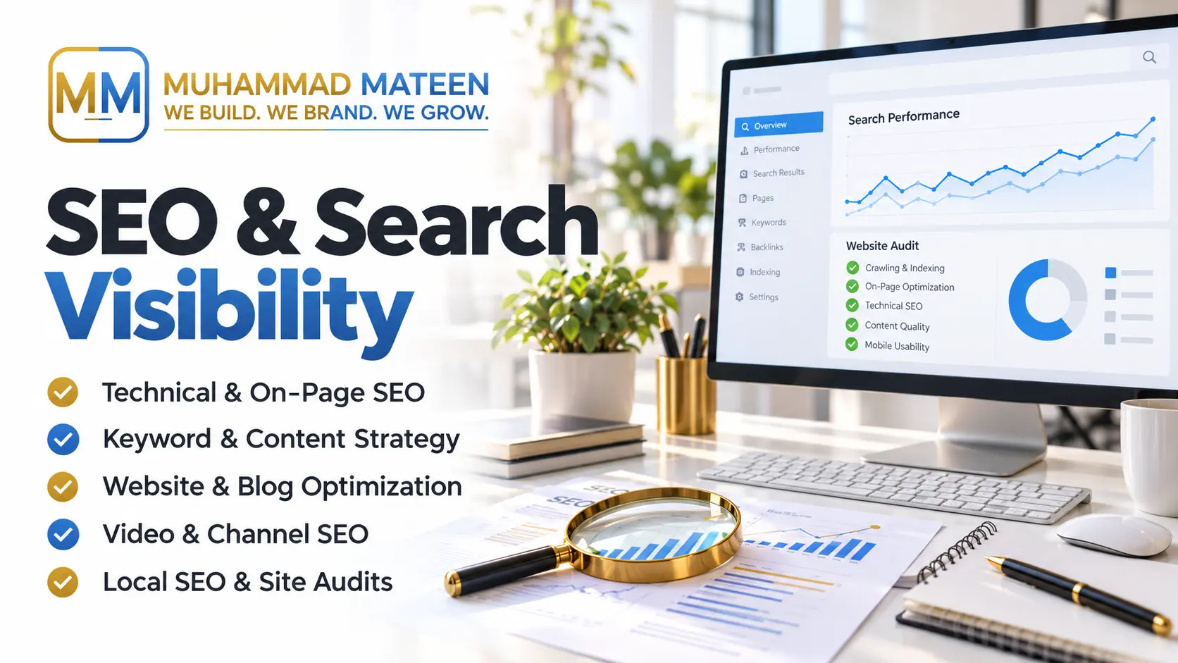 Muhammad Mateen - SEO & Search Visibility. Technical & On-Page SEO; Keyword & Content Strategy; Website & Blog Optimization; Video & Channel SEO; Local SEO & Site Audits