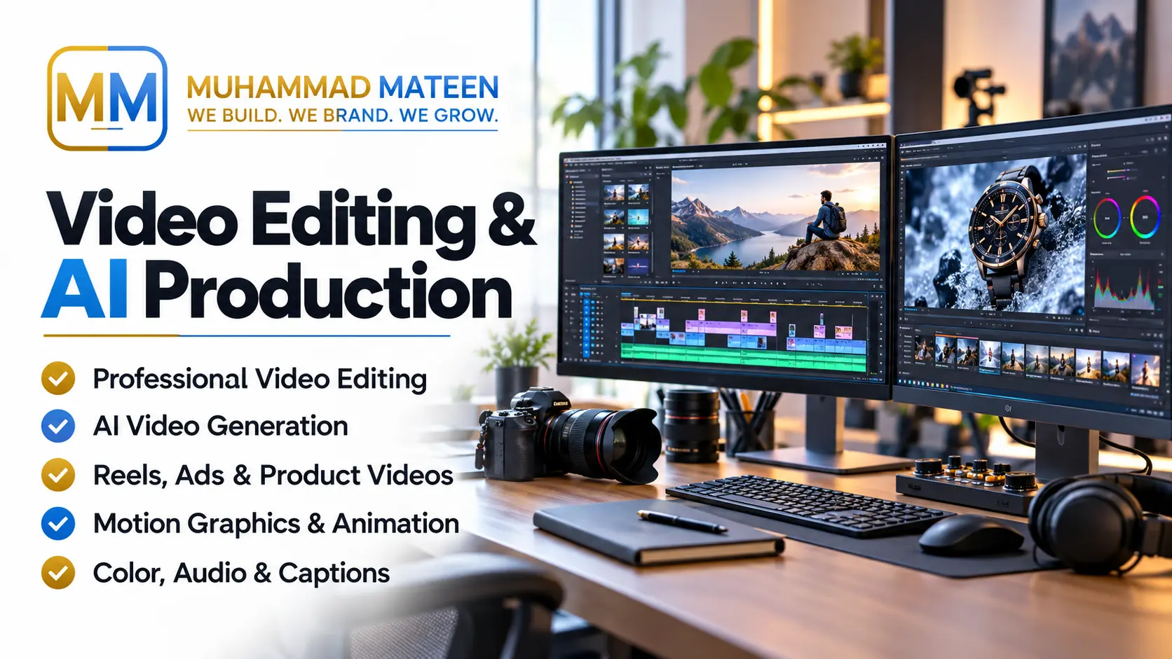 Muhammad Mateen - Video Editing & AI Production. Professional Video Editing; AI Video Generation; Reels, Ads & Product Videos; Motion Graphics & Animation; Color, Audio & Captions