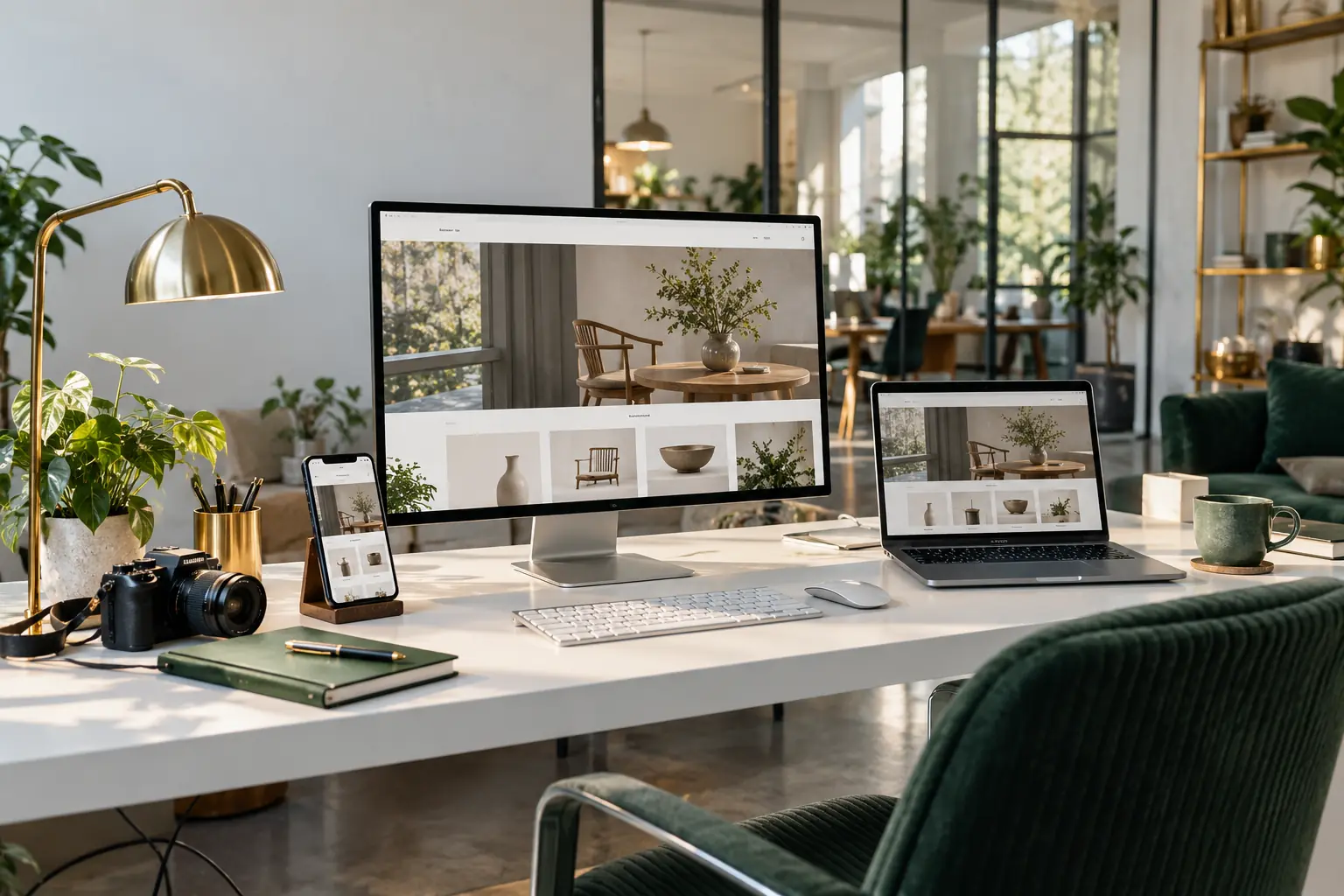 Muhammad Mateen digital studio with desktop, laptop and phone displaying responsive website layouts.