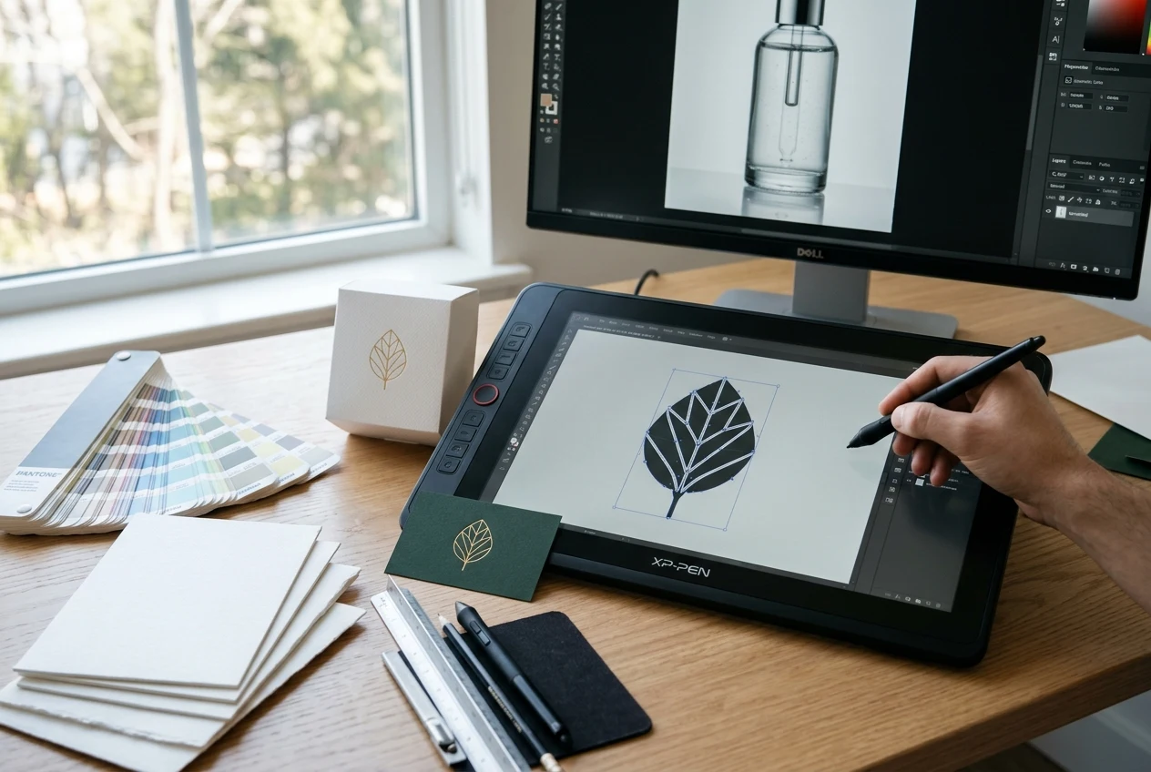 Pen display, colour samples and packaging arranged on a graphic designer desk by Muhammad Mateen.