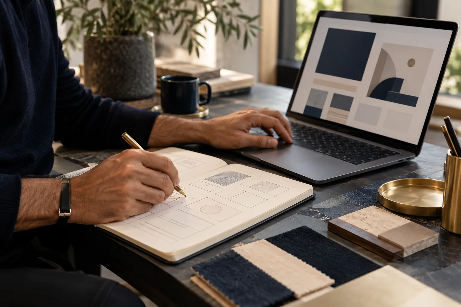 Website planning sketches beside a laptop.