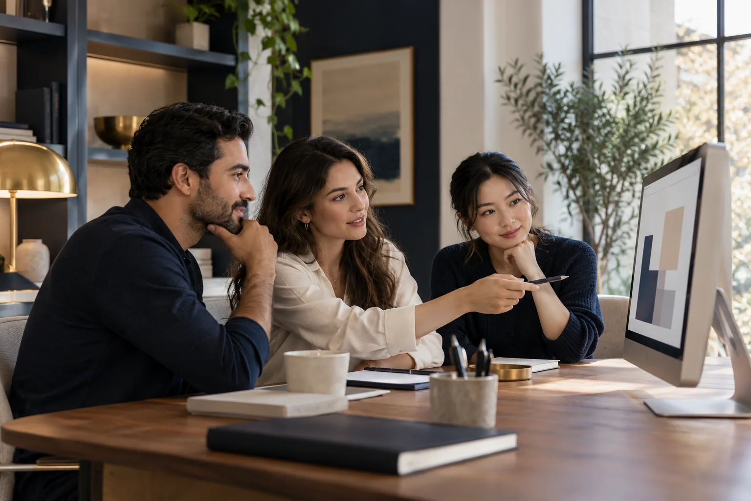 Collaborators reviewing a design on a desktop display.