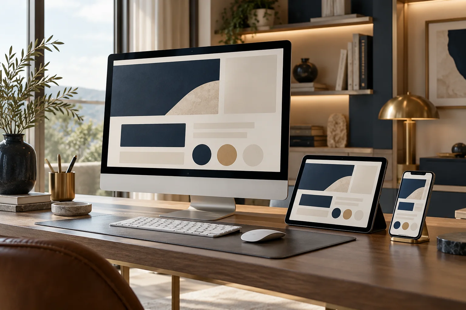 Website layout concepts shown on desktop, tablet and phone.