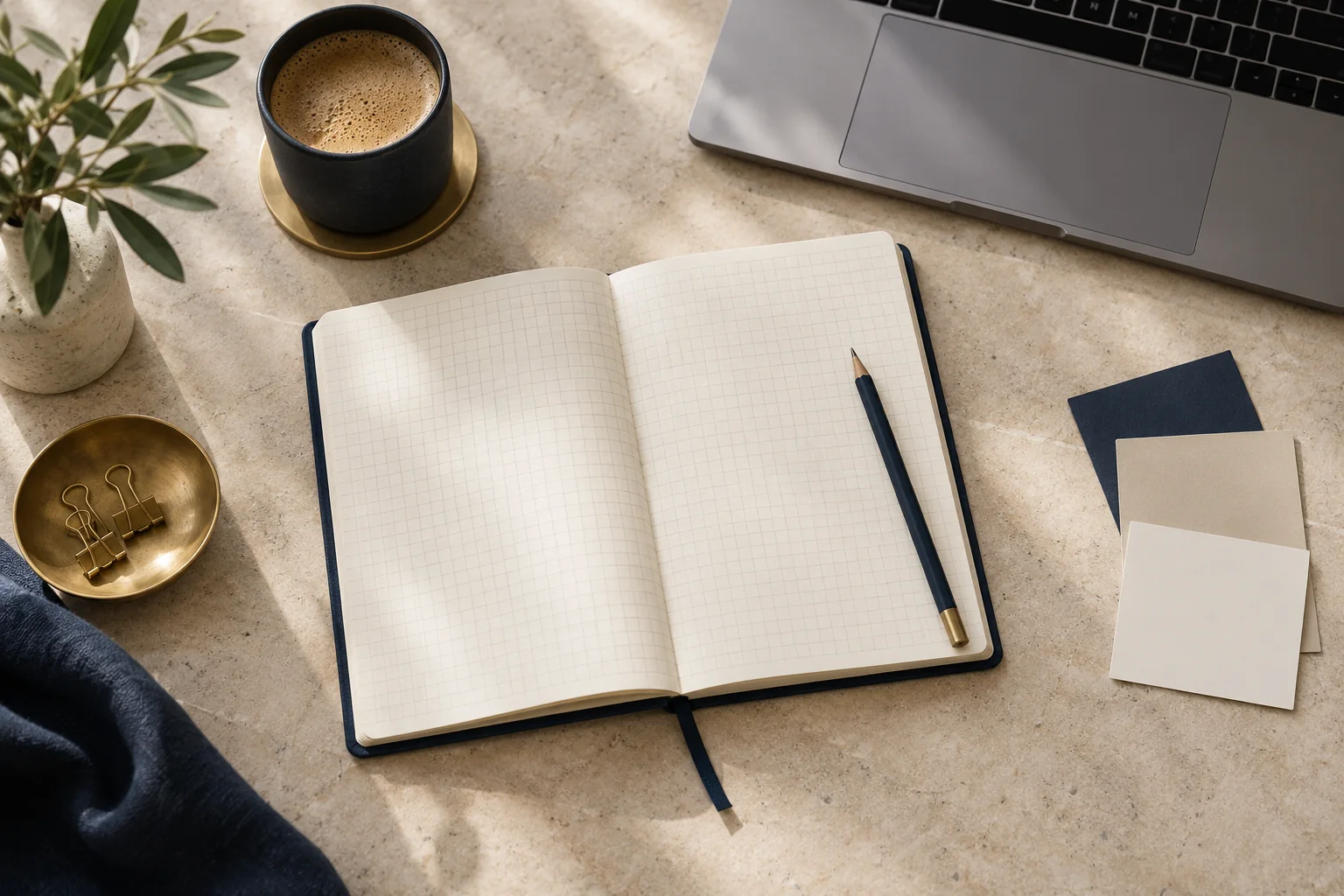 A notebook and planning materials on a desk.