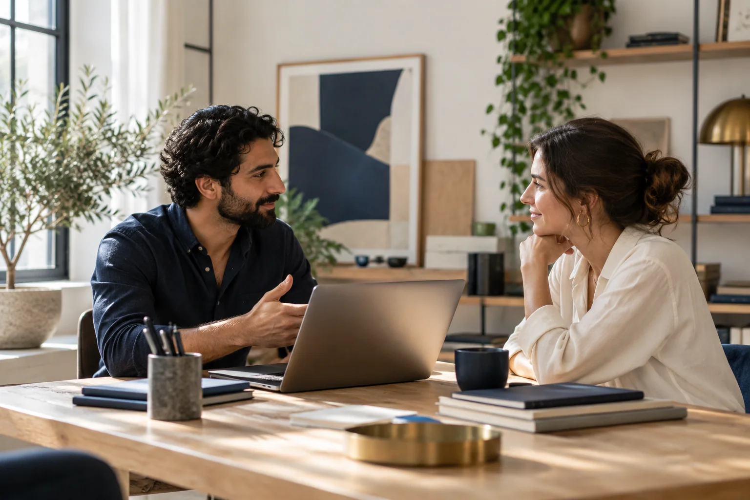 Two creatives discussing work at a laptop.