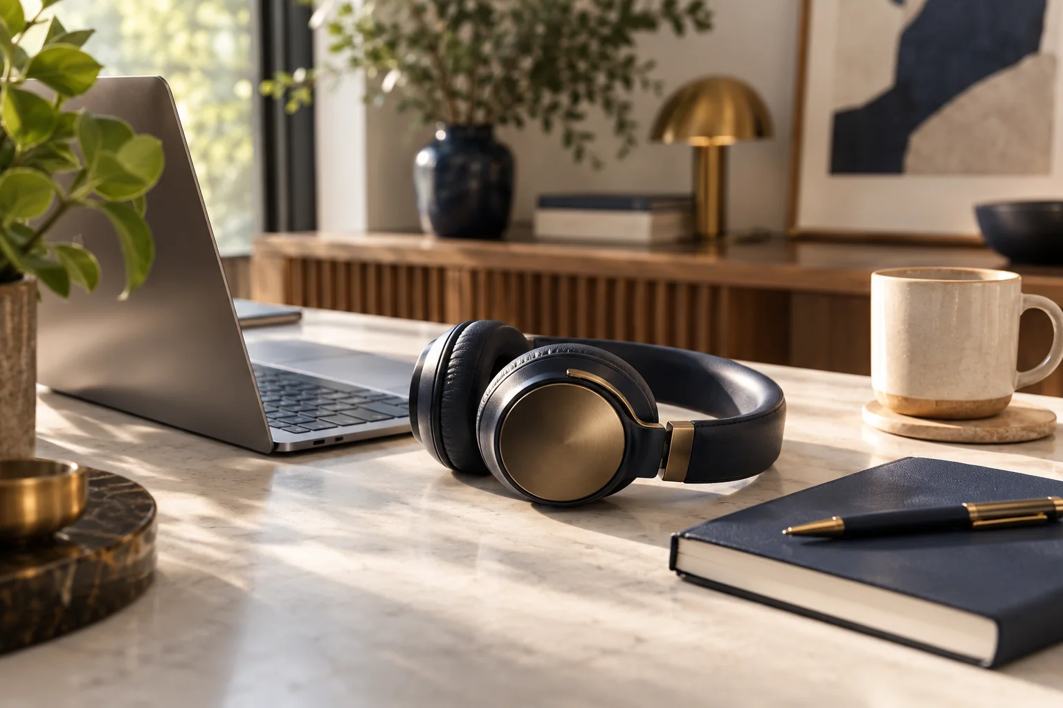 A headset and notebook beside a laptop.
