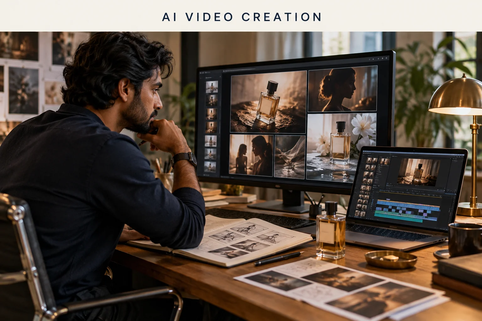 Creative director reviewing conceptual product-video frames in a studio.