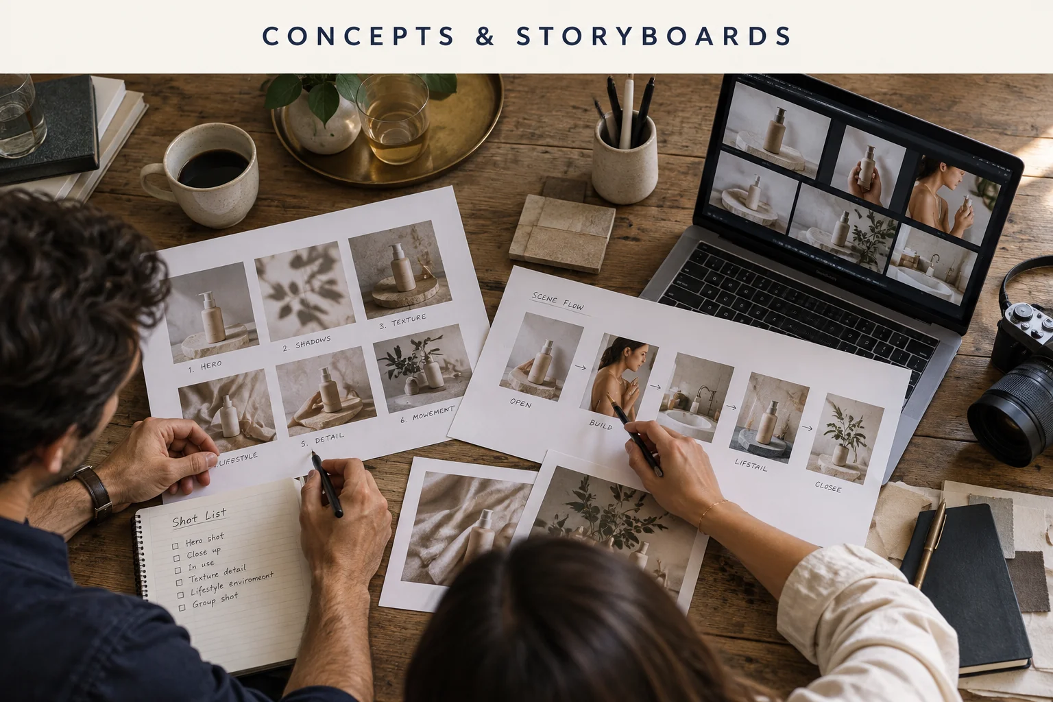 Storyboard planning table with product-scene references and a laptop.