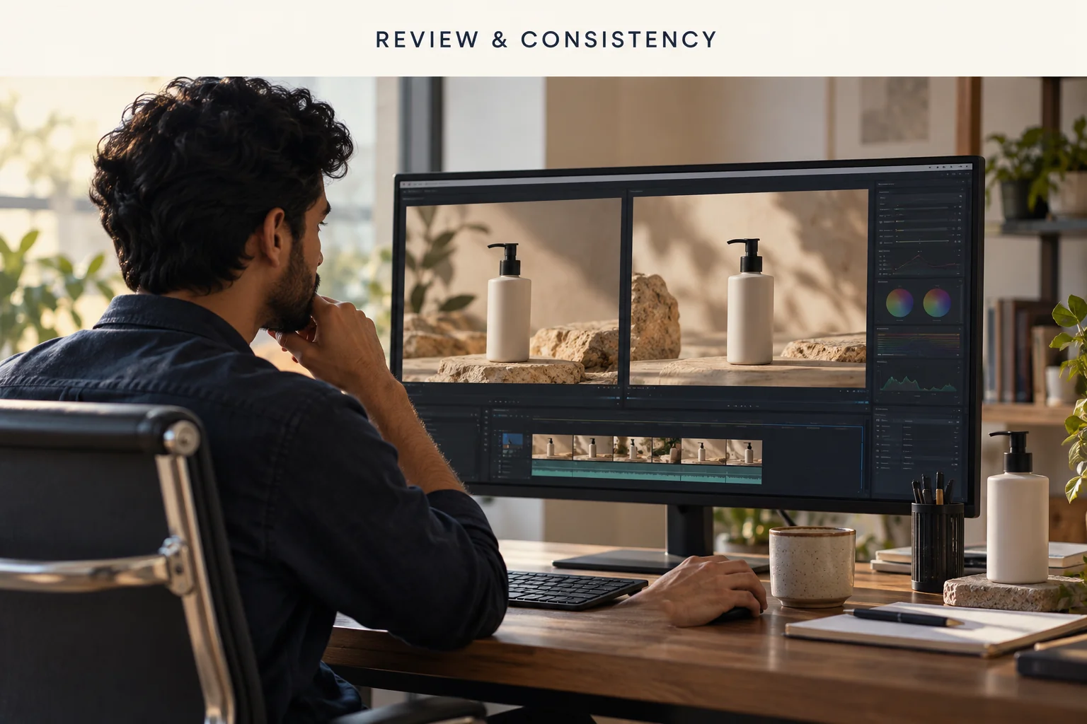 Editor reviewing product consistency across conceptual video frames.
