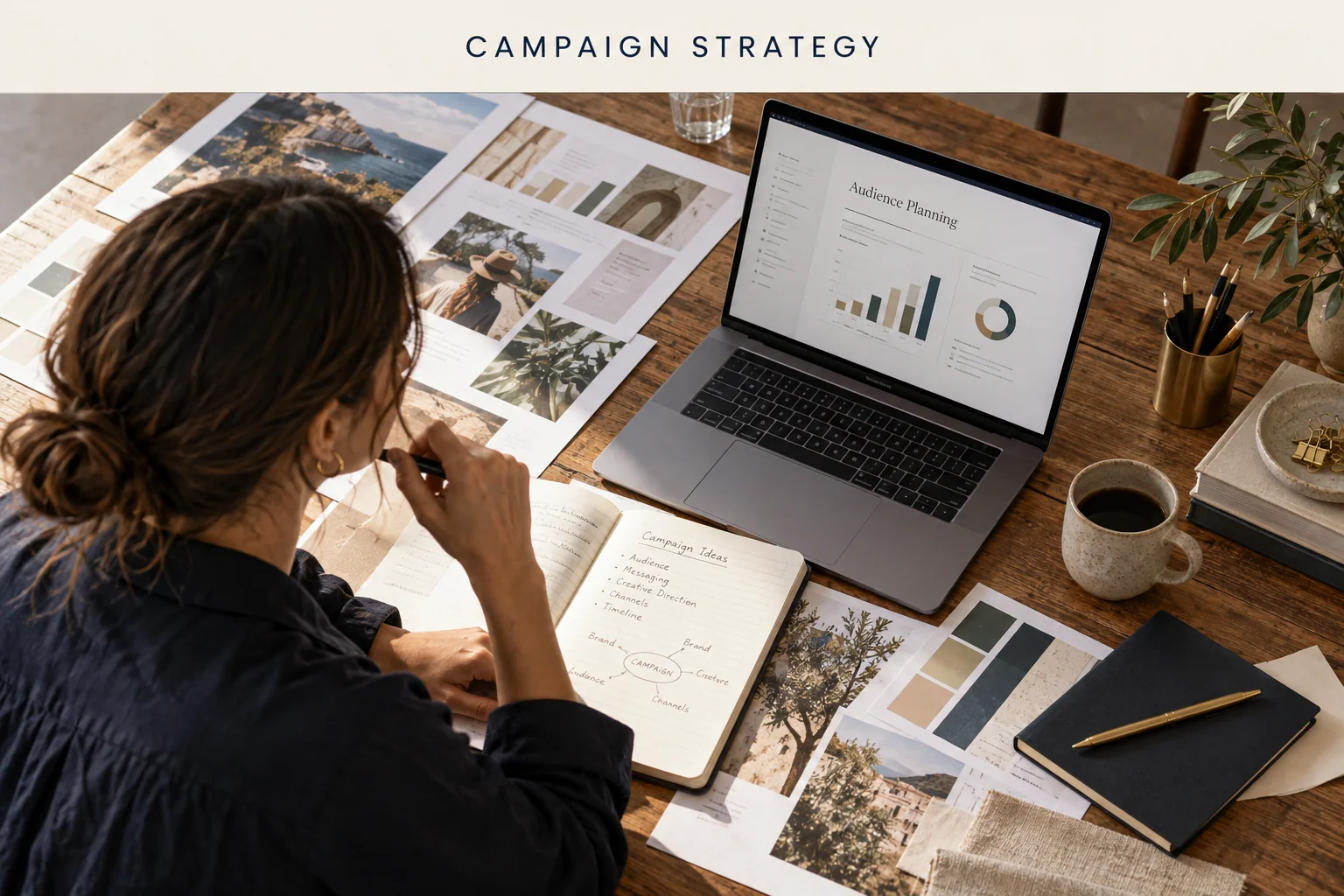 Campaign planning workspace with creative drafts and audience notes.