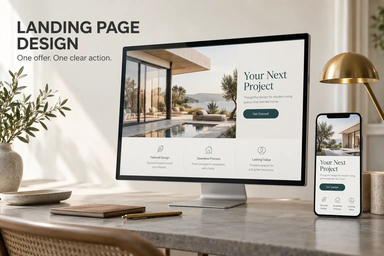 Landing Page Design — One offer. One clear action. Desktop and phone showing a focused consultation page.