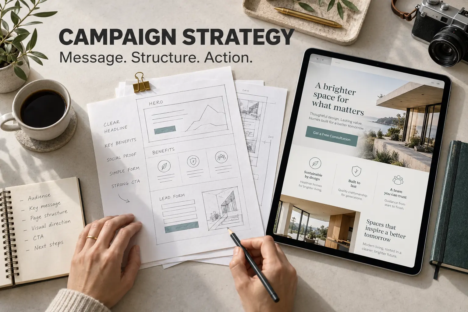 Campaign Strategy — Message. Structure. Action. Overhead view of landing page wireframes and a tablet.