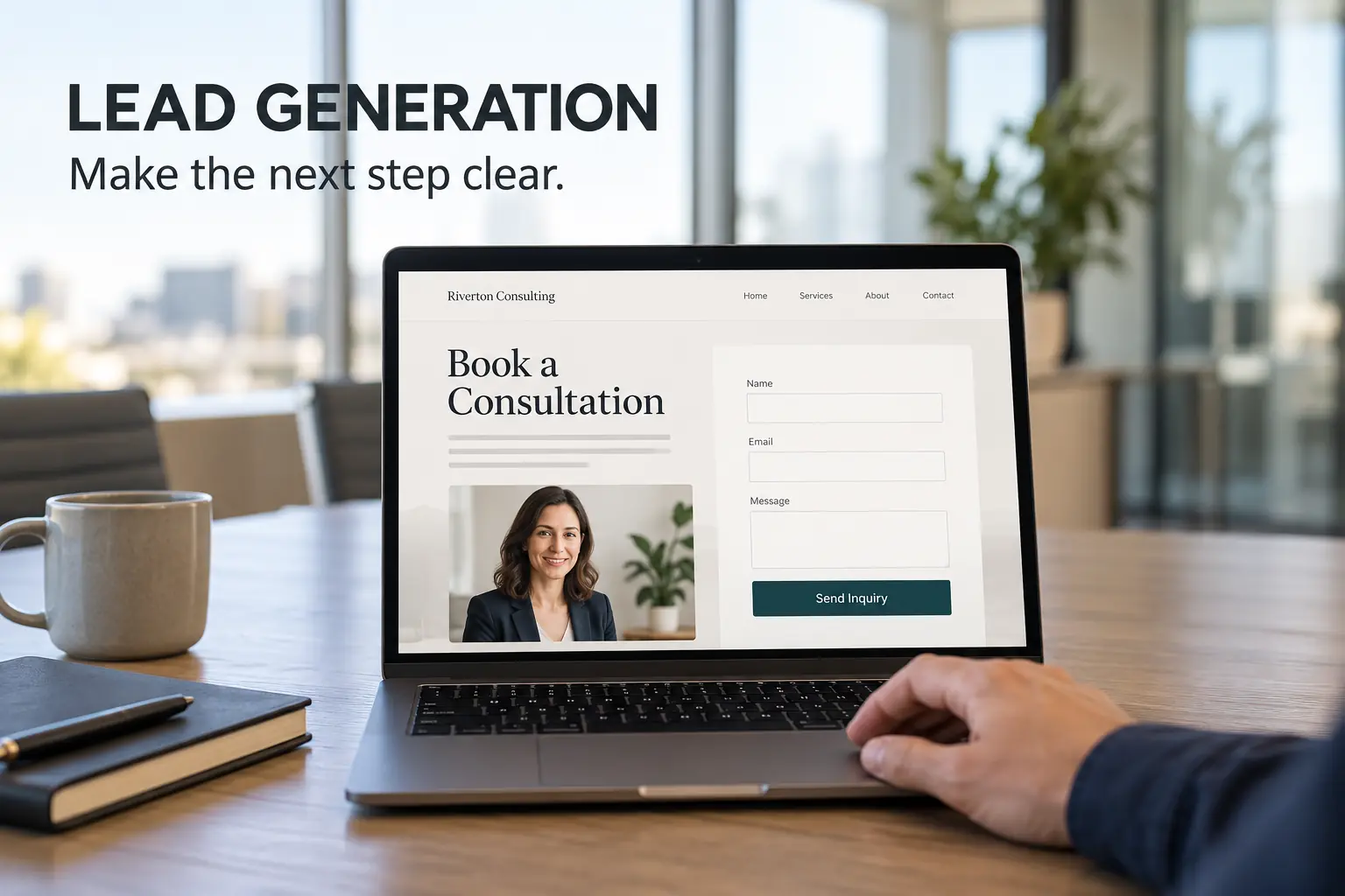 Lead Generation — Make the next step clear. Laptop displaying a consultation page with an inquiry form.