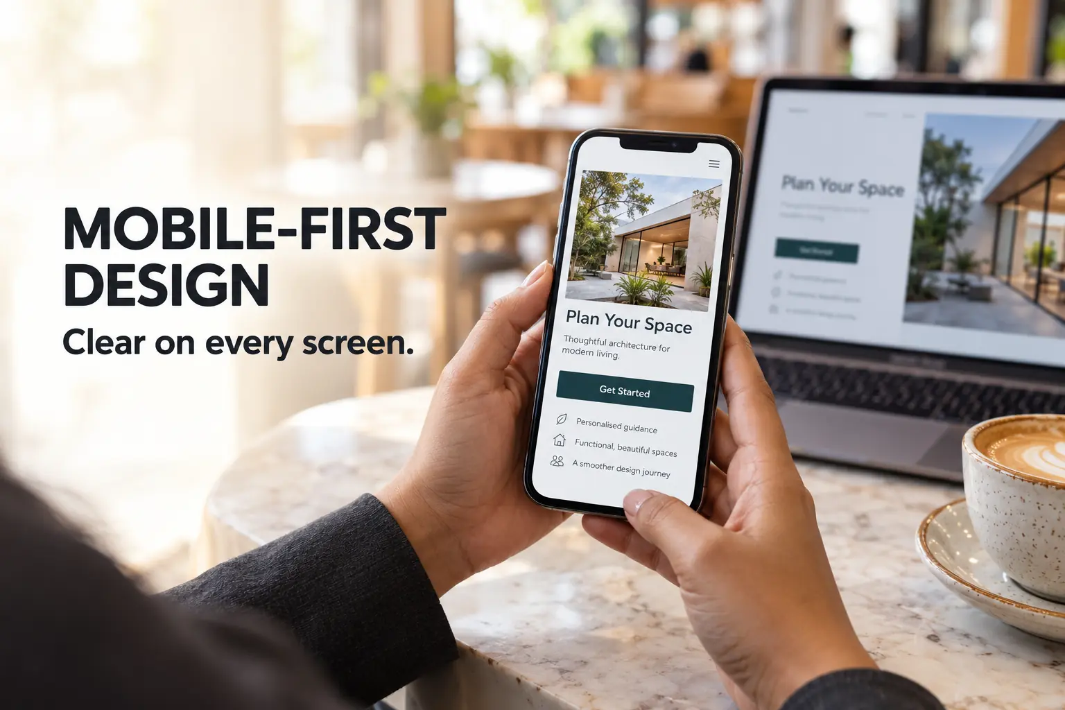 Mobile-First Design — Clear on every screen. Hands holding a phone displaying a landing page.
