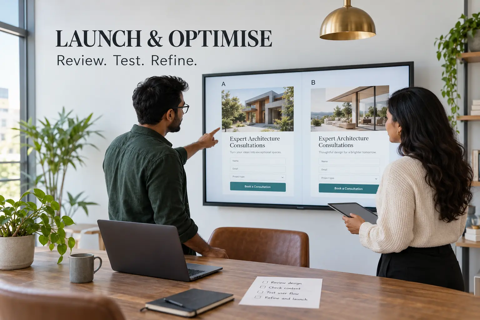 Launch & Optimise — Review. Test. Refine. Two professionals reviewing landing page design alternatives.