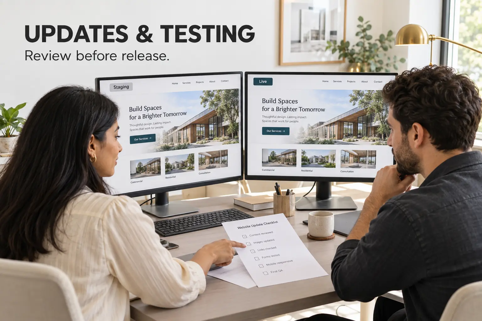 Updates & Testing: Review before release for website maintenance and management.