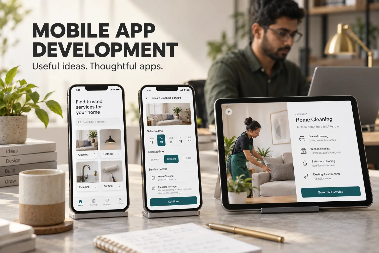 Mobile App Development — Useful ideas. Thoughtful apps. Phones and a tablet displaying a service-booking app.