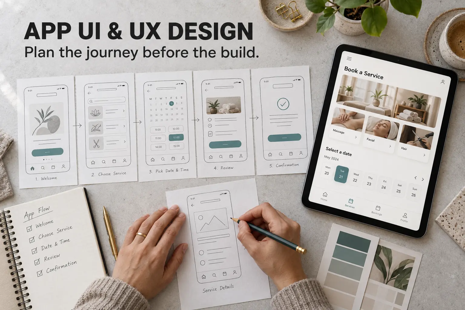 App UI & UX Design — Plan the journey before the build. Phone wireframes and a tablet prototype on a desk.