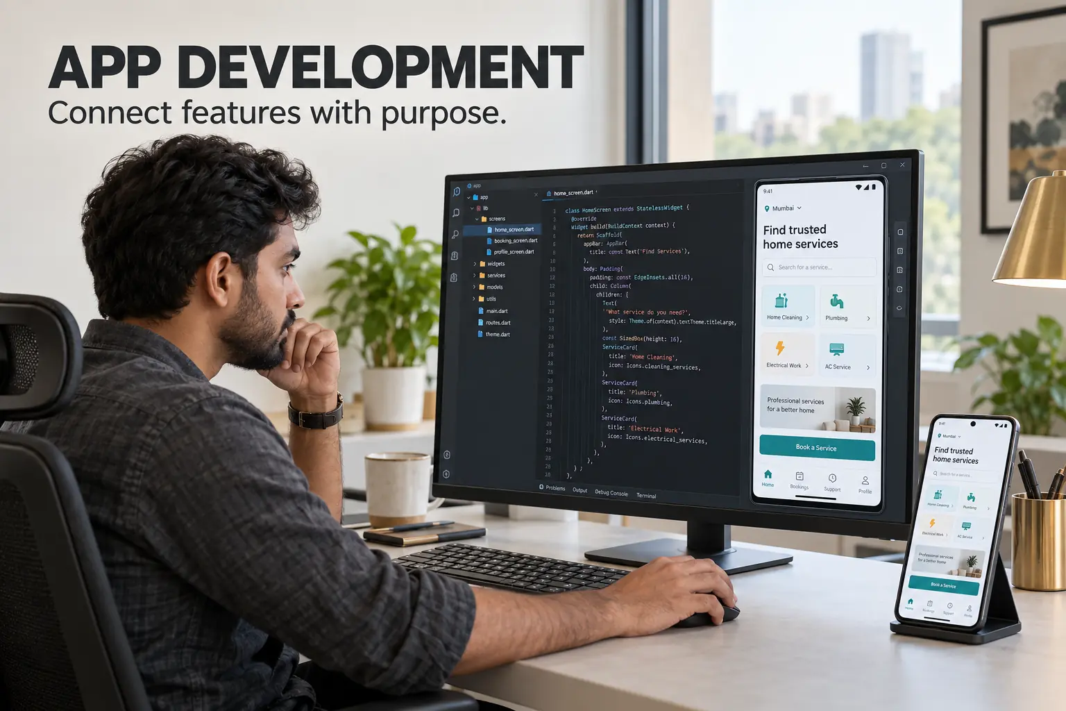 App Development — Connect features with purpose. Developer reviewing an app emulator and code beside a phone.