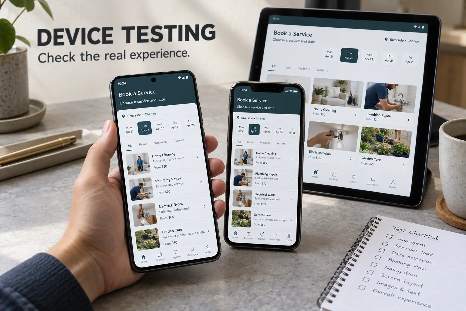 Device Testing — Check the real experience. Different phones and a tablet displaying an app during review.