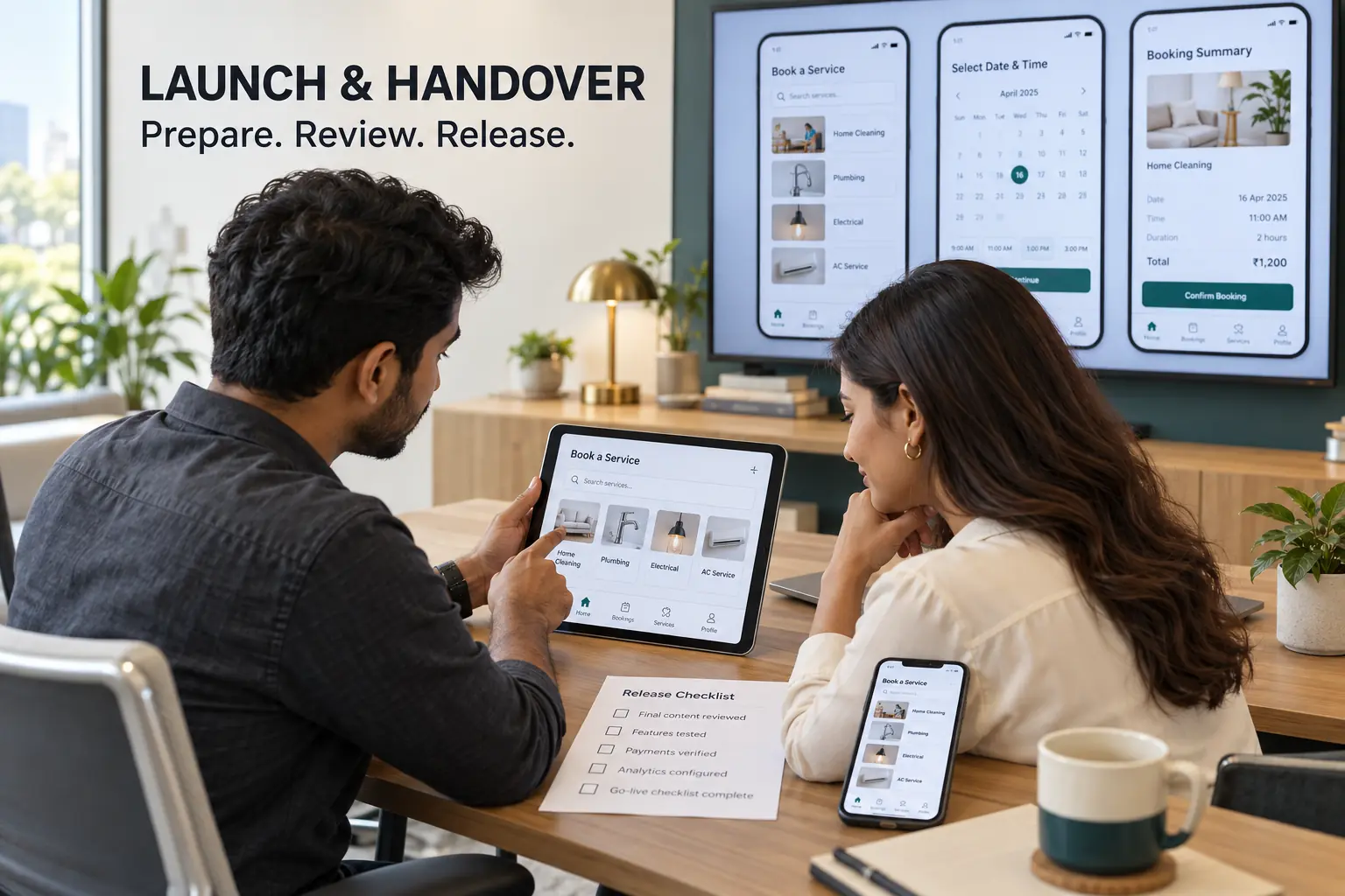 Launch & Handover — Prepare. Review. Release. Developer and business owner reviewing an app and release checklist.