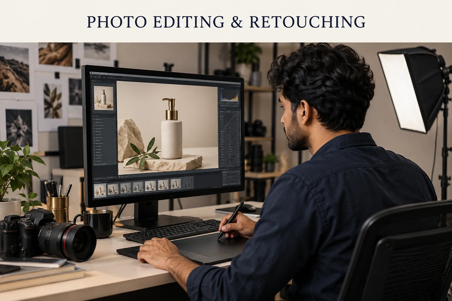Photo editor reviewing a product photograph in a studio workspace.