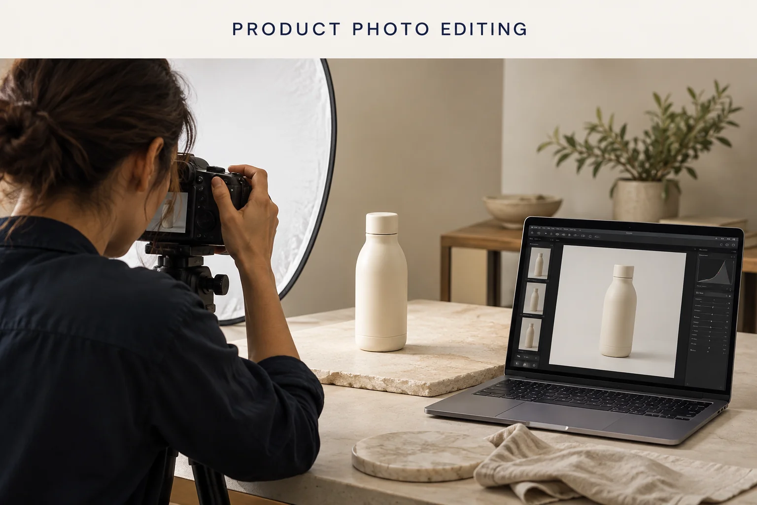 Product photography setup with a laptop displaying a clean-background edit.