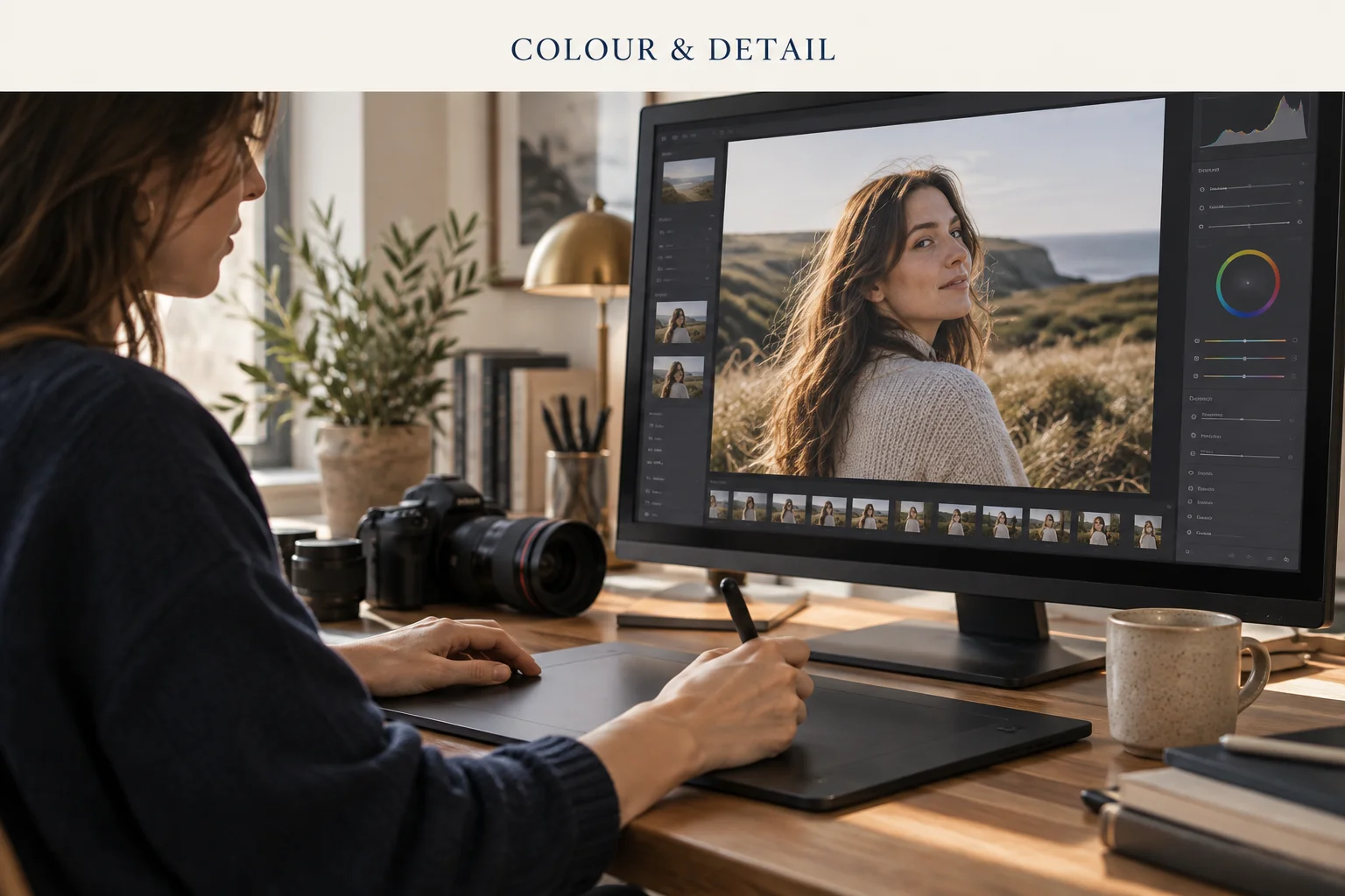 Retouching workstation with a natural portrait and colour adjustment tools.
