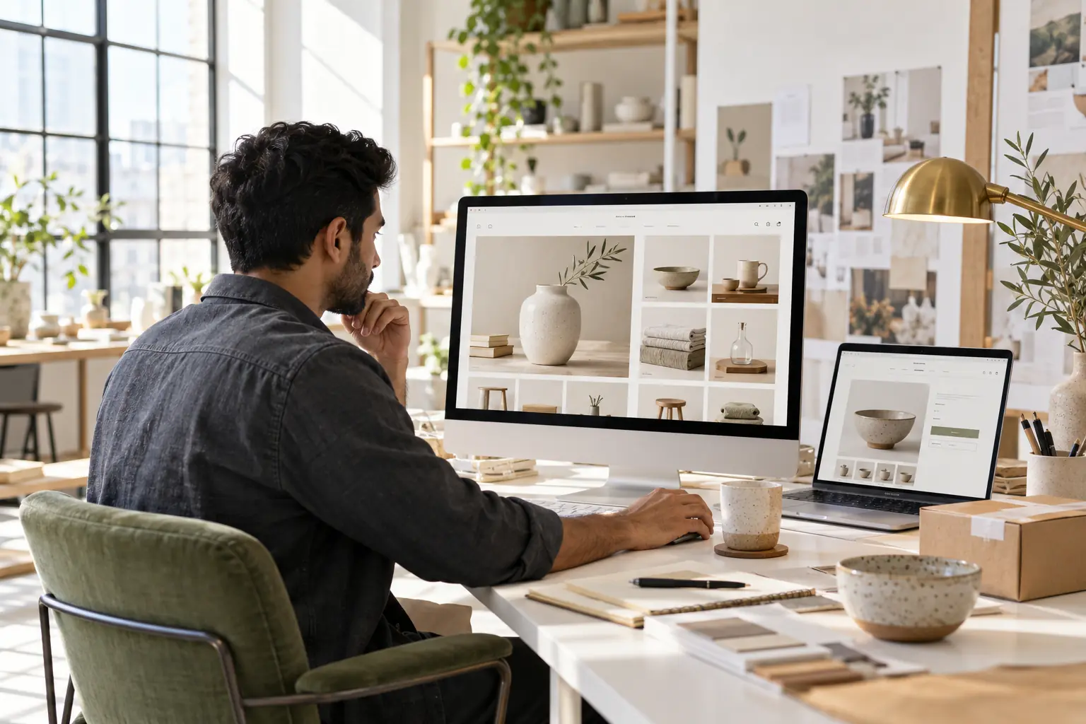 Ecommerce designer reviewing a homewares store on a desktop monitor and laptop for Shopify store development.
