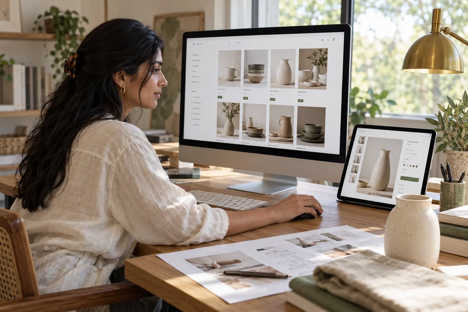 Designer organising ceramic product pages and collections on a monitor and tablet for Shopify store development.