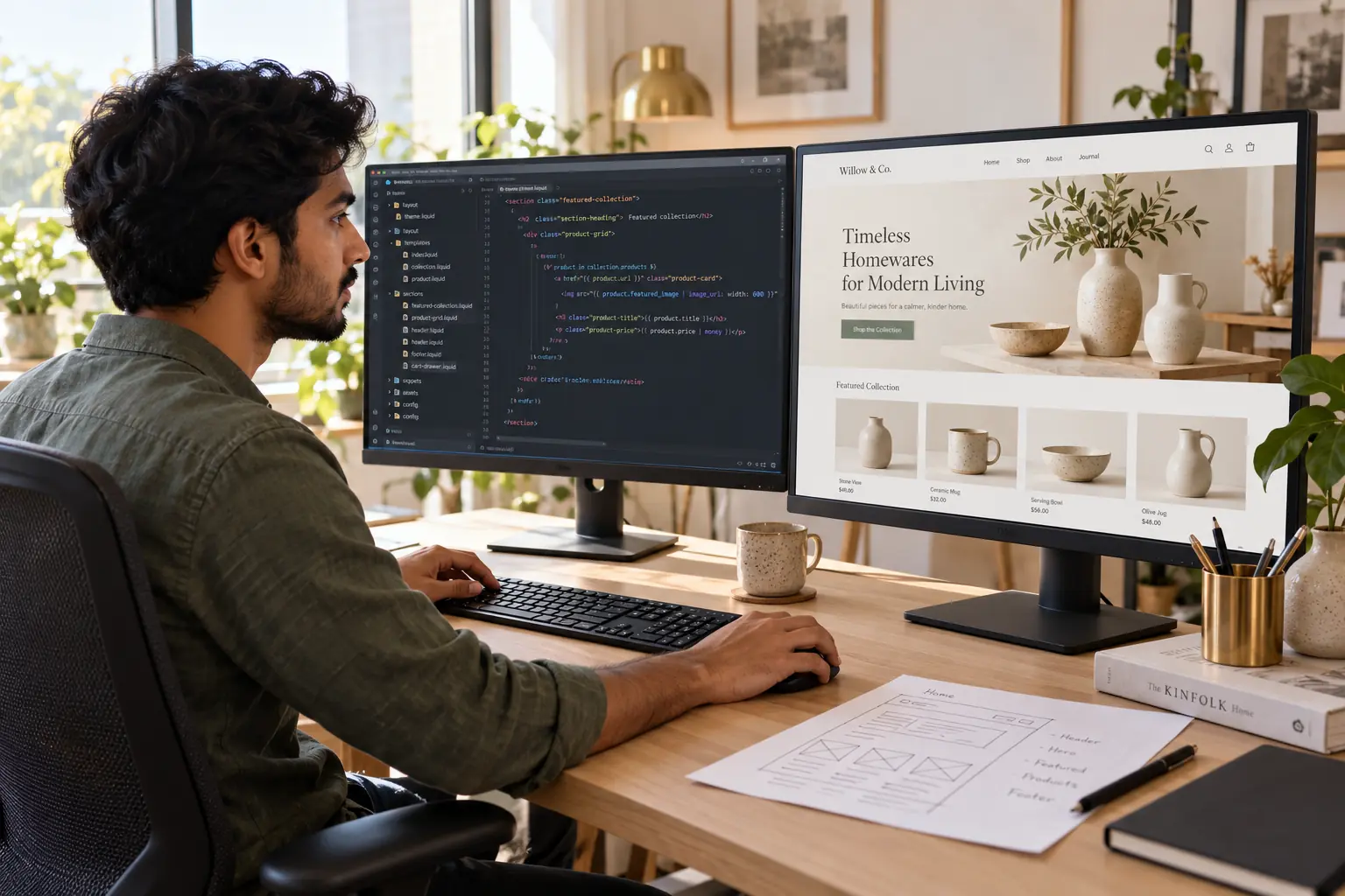 Developer reviewing theme code alongside an online storefront preview.
