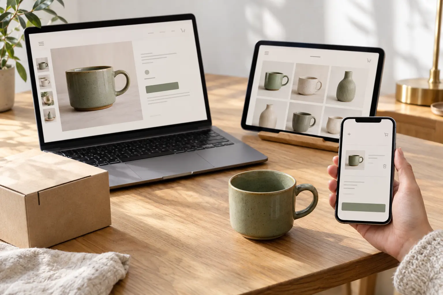 Laptop, tablet and phone displaying product, collection and shopping bag layouts.