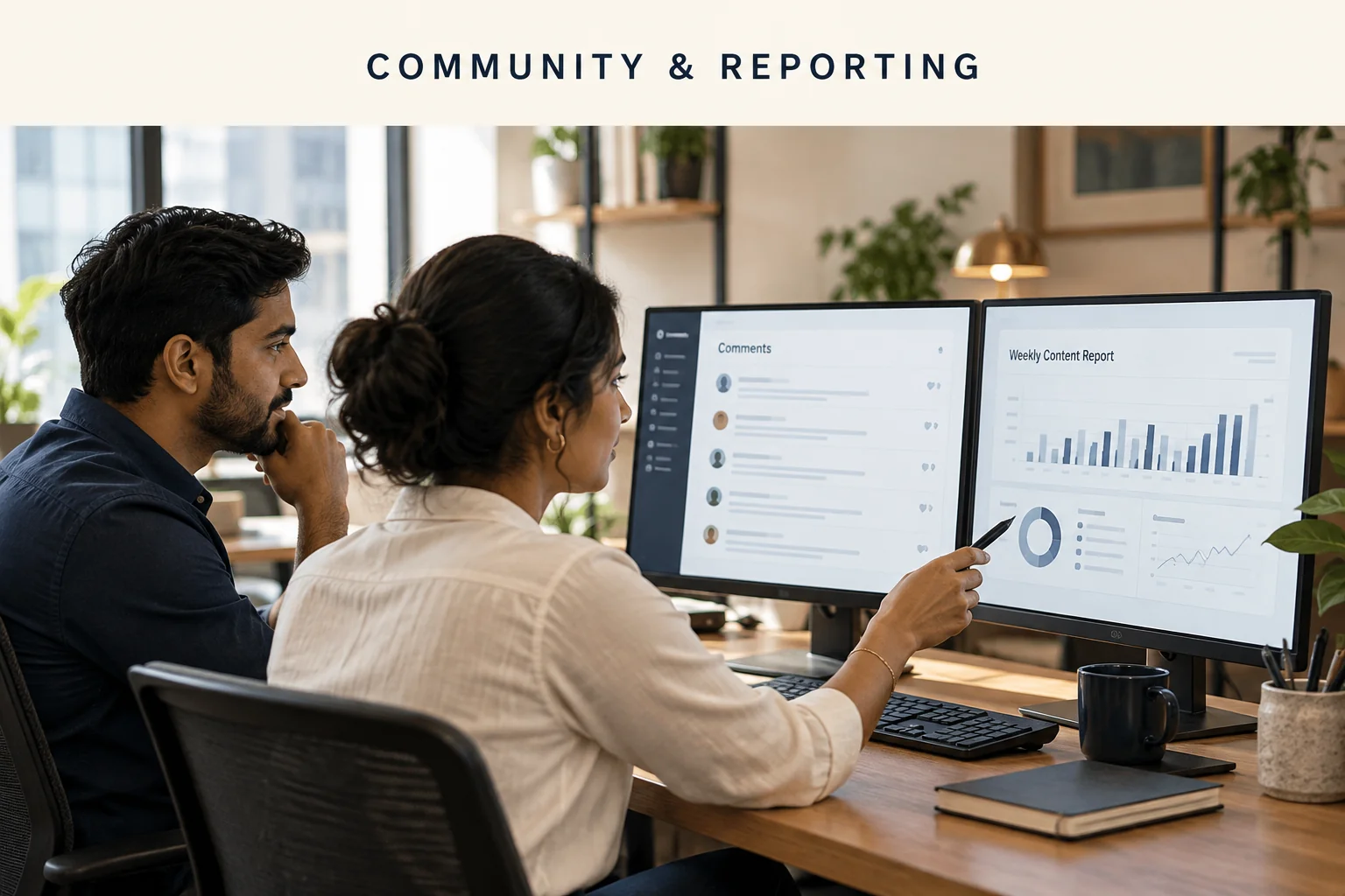 Team reviewing social comments and a conceptual weekly content report.