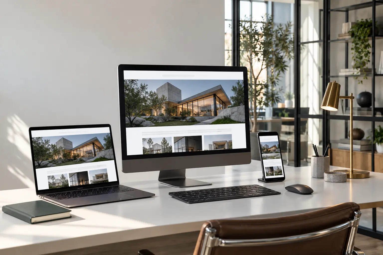 Desktop, laptop and phone displaying a responsive architectural website in a bright studio.