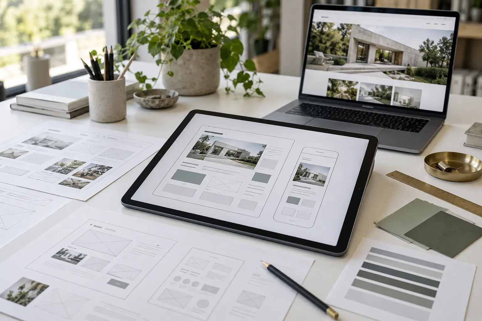 Tablet and paper wireframes used to plan desktop and mobile website layouts.