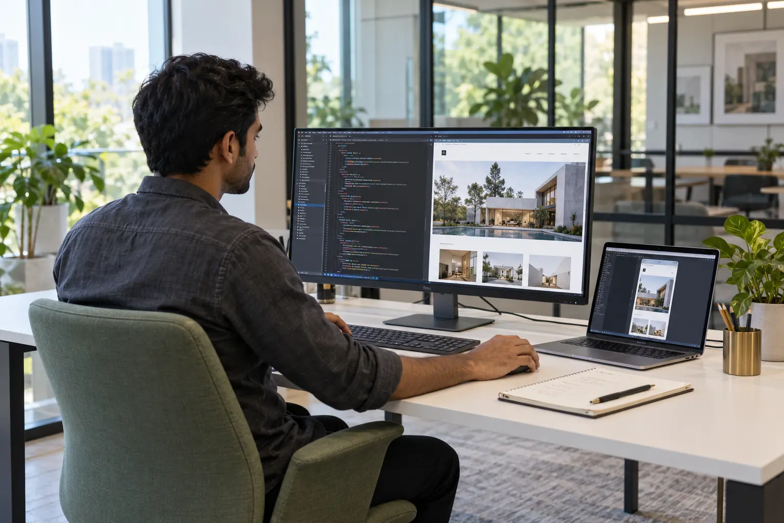 Web developer working with a code editor and a website preview on two screens.