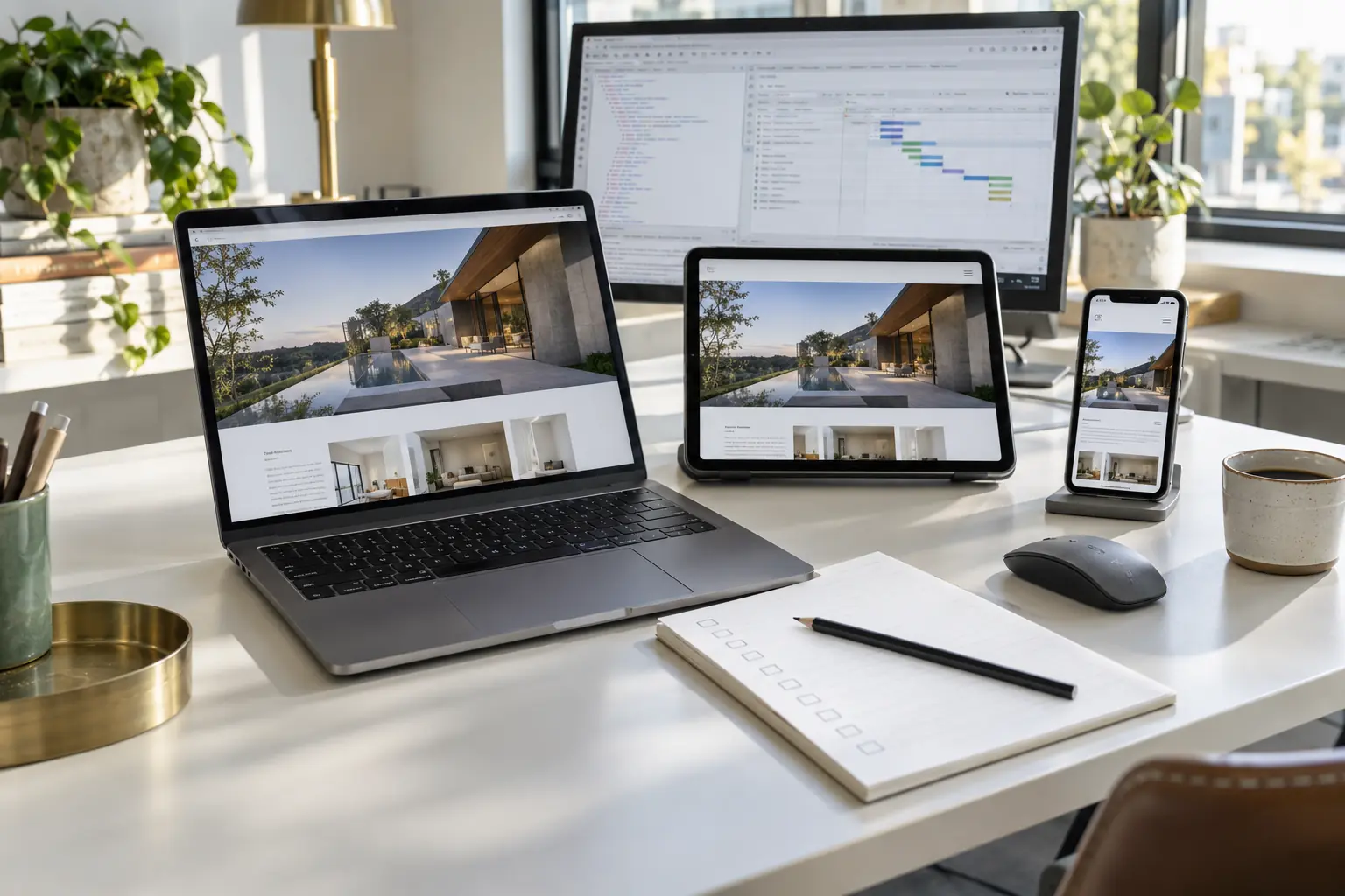 Laptop, tablet and phone used to review a website across different screen sizes.