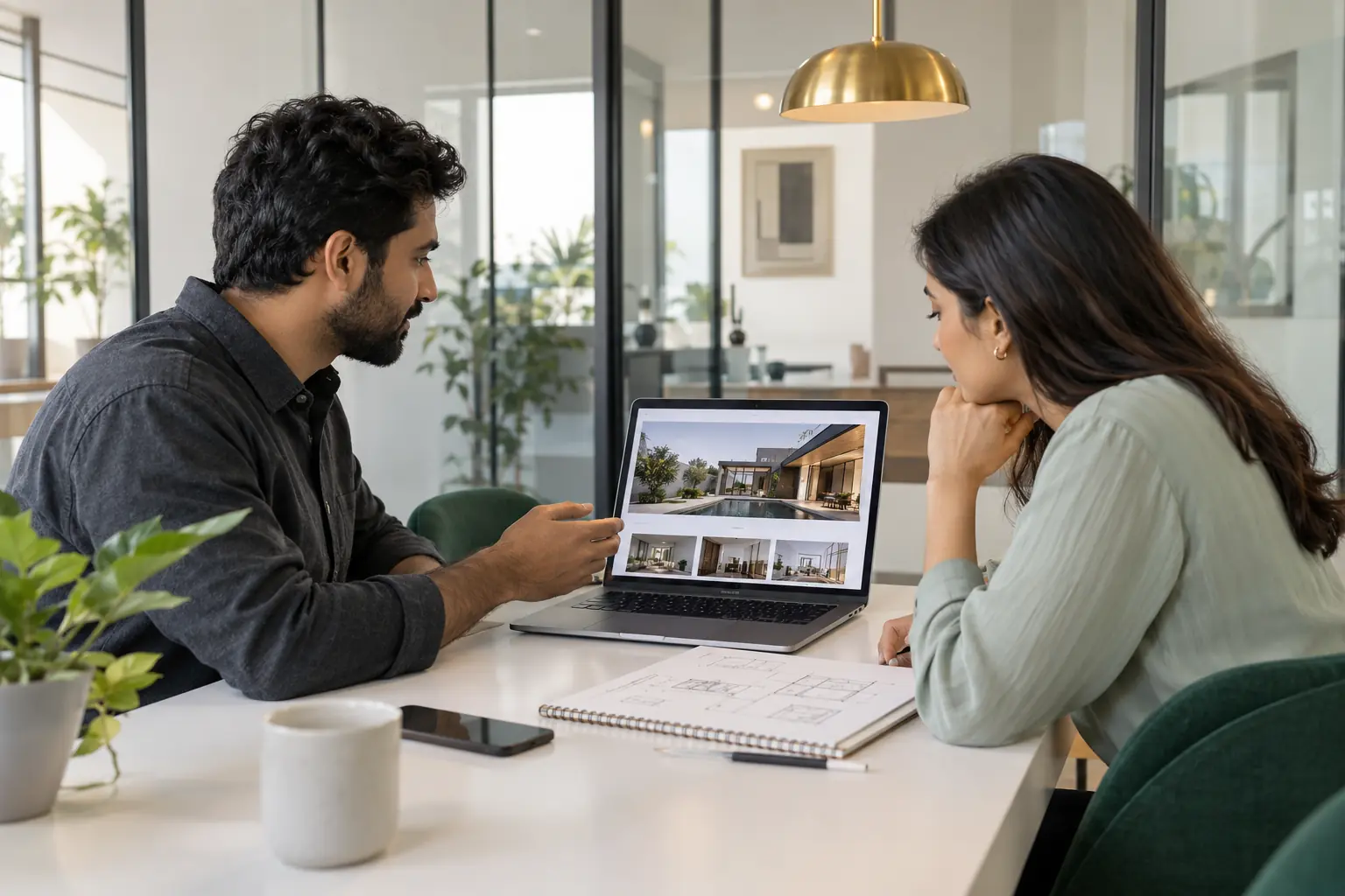 Two professionals discussing a website layout on a laptop during a consultation.