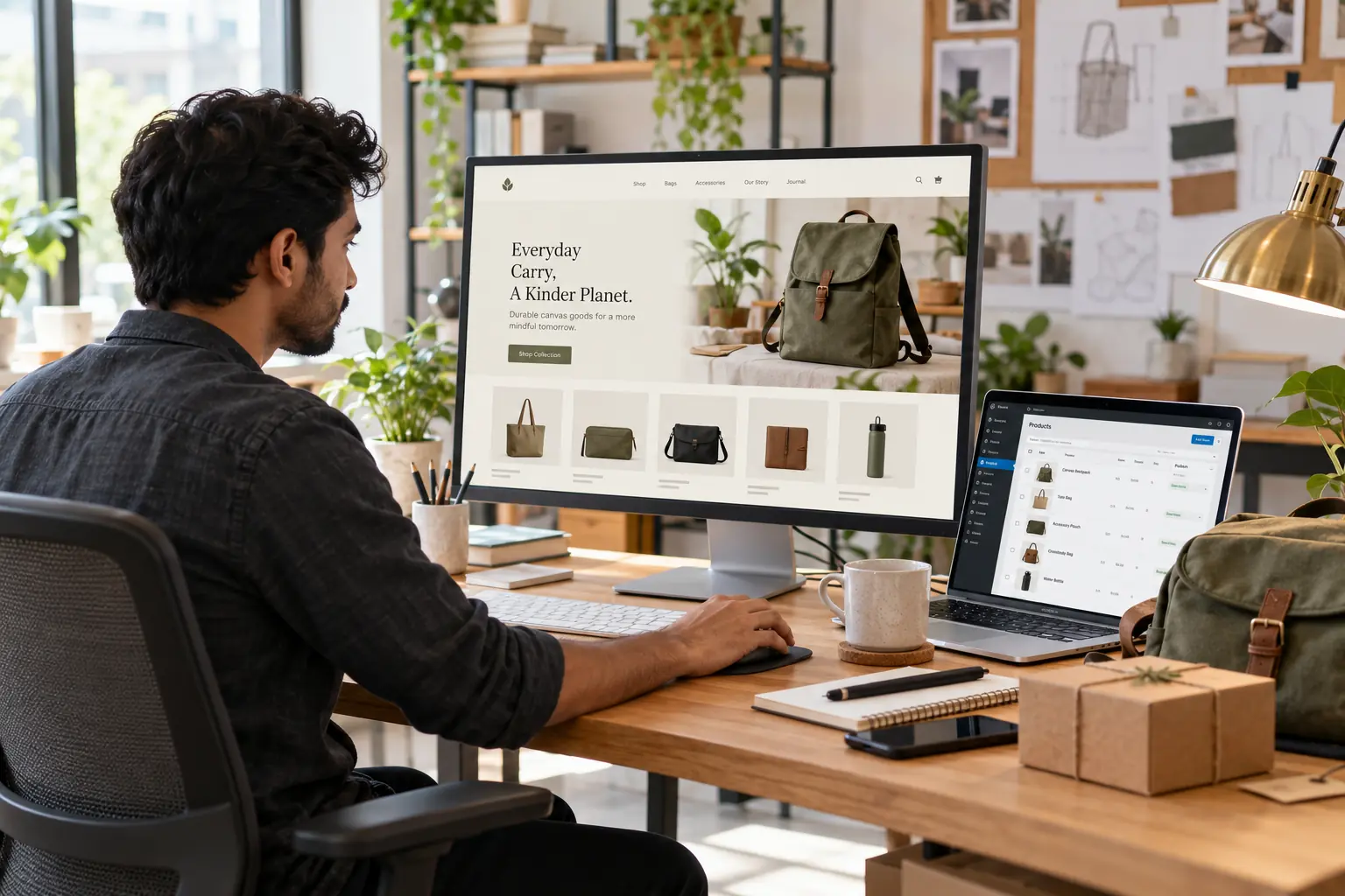 Web designer reviewing an accessories storefront and product management screen for WooCommerce store development.