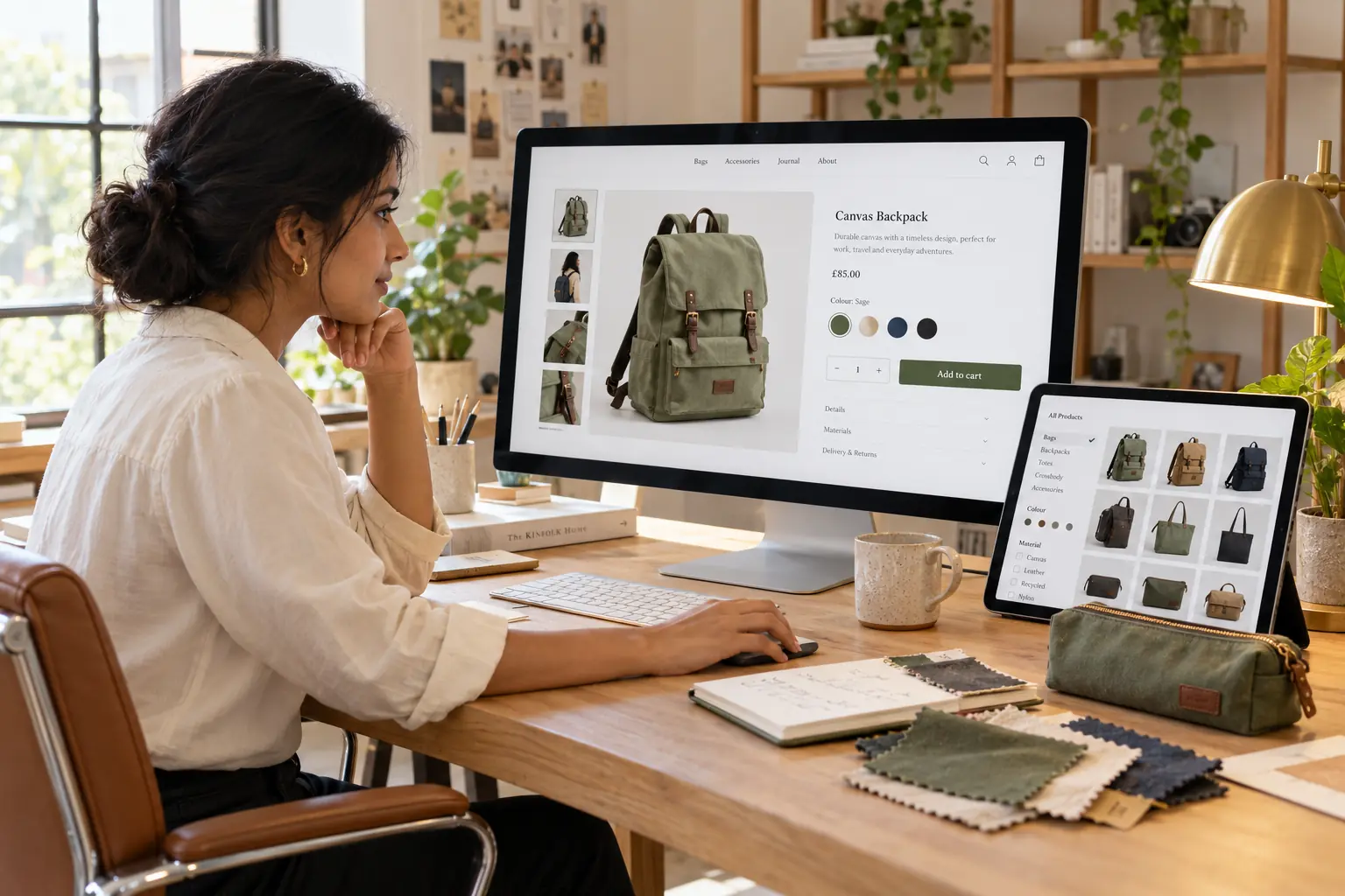 Designer reviewing a backpack product page with colour options and a product catalogue.