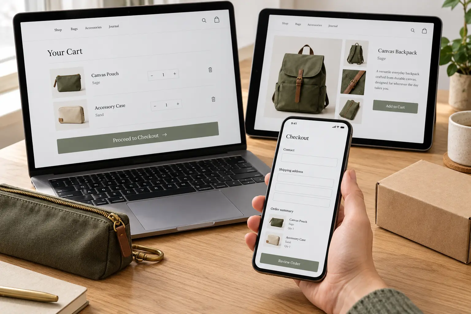 Laptop, tablet and phone showing cart, product and checkout layouts.