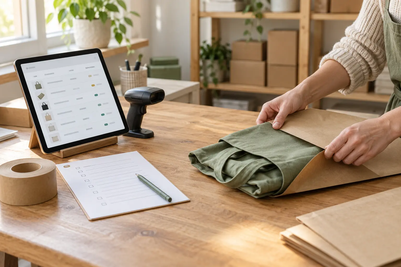 Hands packing a canvas tote beside a tablet displaying an order-management list.
