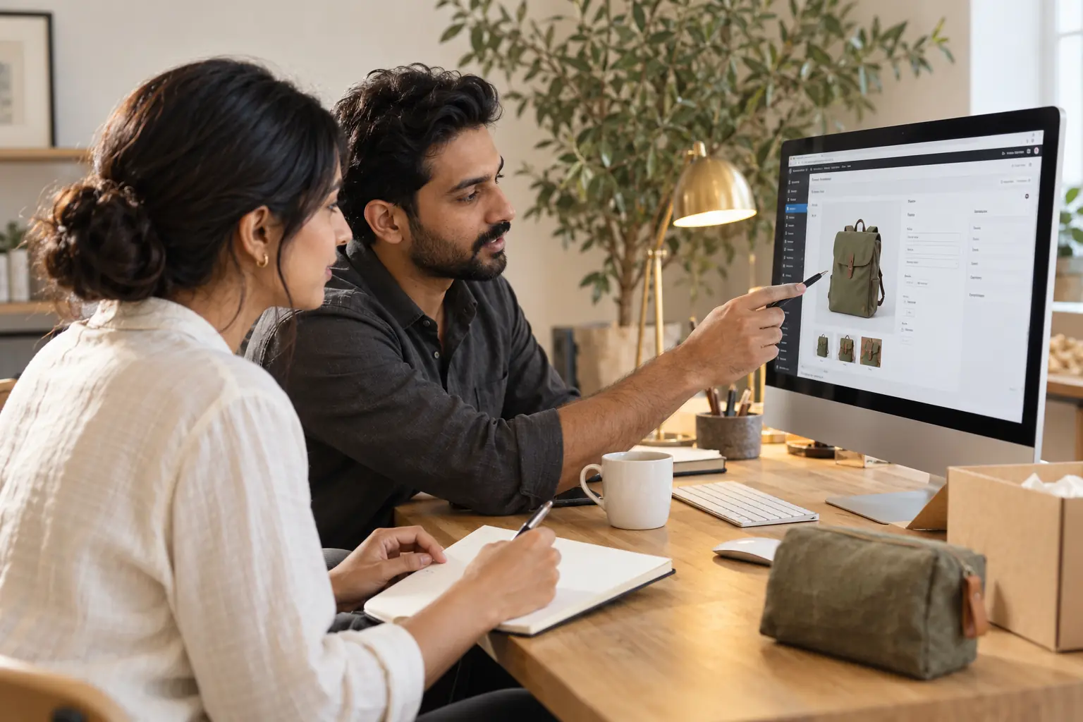 Consultant explaining product editing to a store owner at a desktop computer.