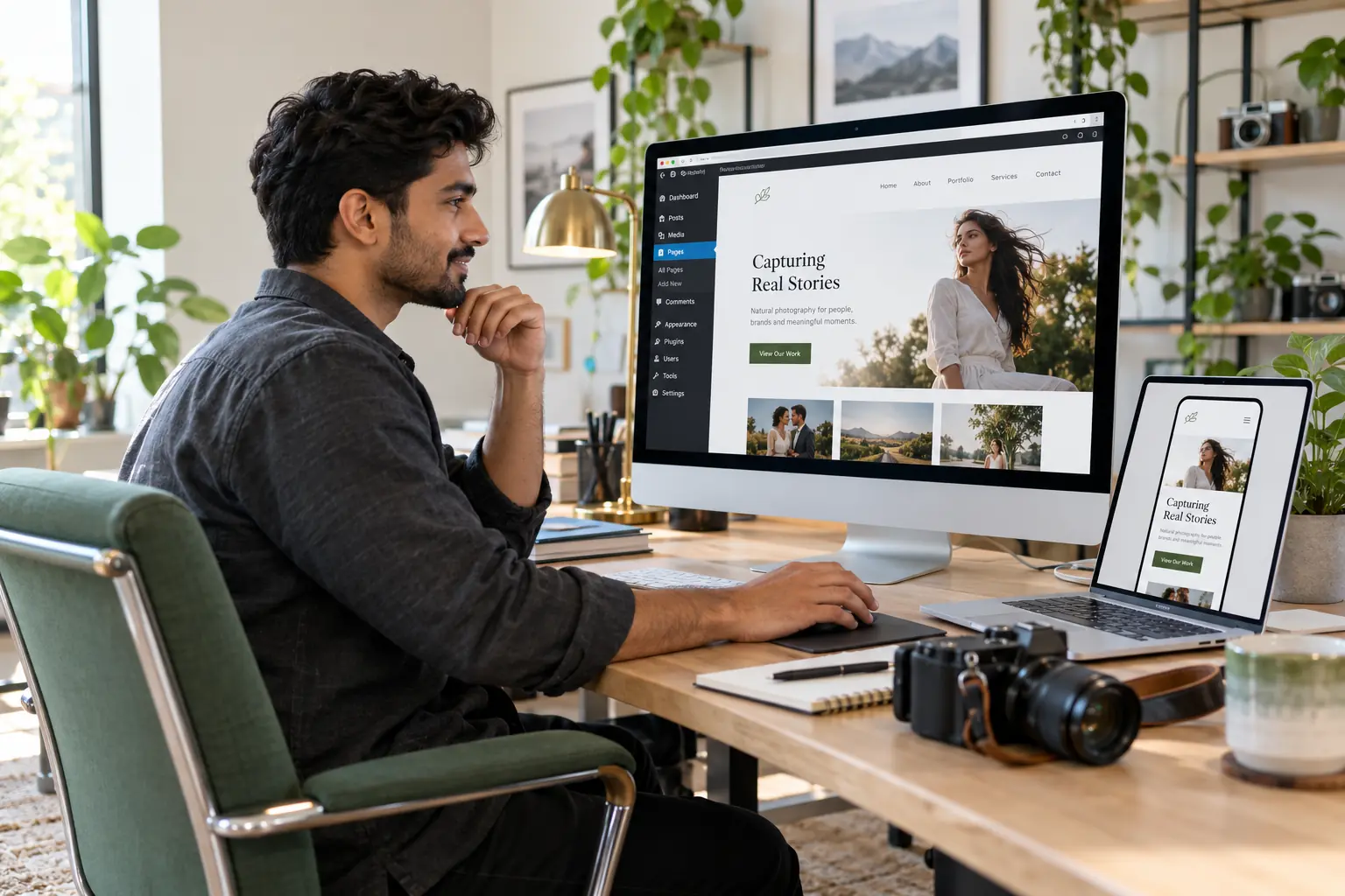 Digital creator reviewing a WordPress development website on a desktop monitor in a bright studio.