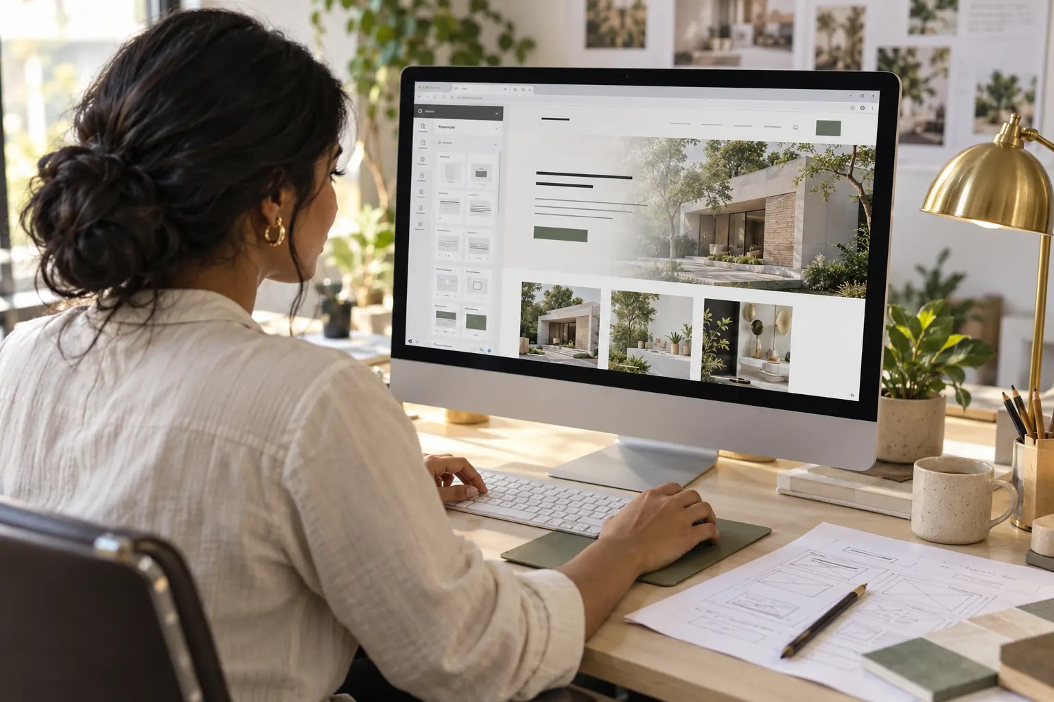 Designer editing a business website using a visual page editor in WordPress development.