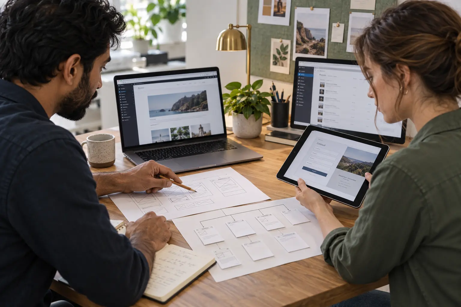 Two professionals planning website features with a laptop, tablet and paper wireframes.