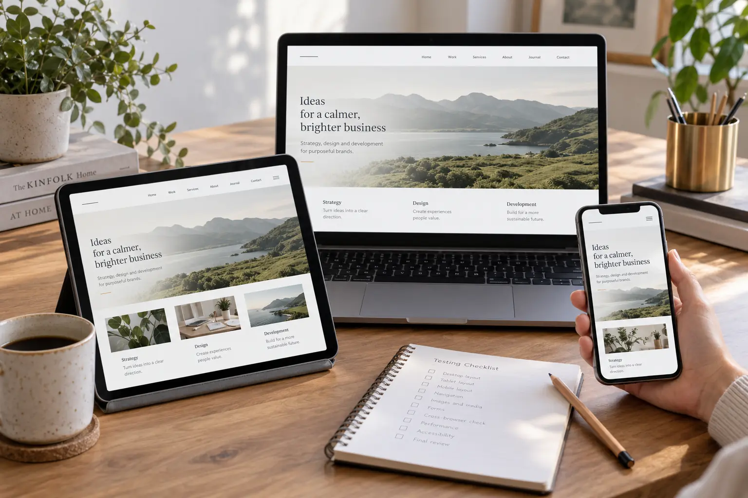 Laptop, tablet and smartphone displaying responsive versions of a website.
