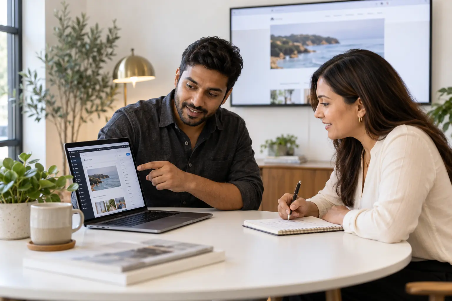 Web consultant explaining a website editor during a handover session.